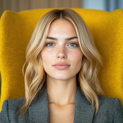 Wall Mural - Thoughtful young woman with blonde hair and blue eyes