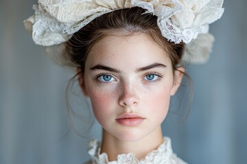 Poster - young woman with lace veil and freckles