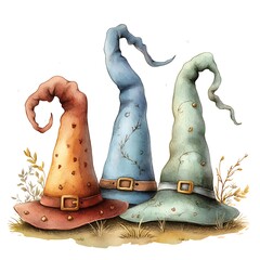 Wall Mural - Three Watercolor Witch Hats with Grass.