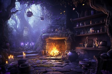 Digital illustration dark eerie scene forest background filled A witch's enchanting lair