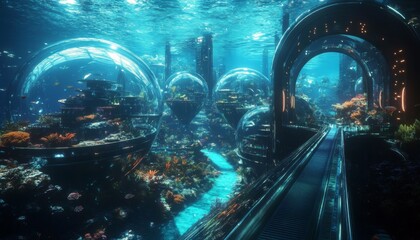 Digital illustration underwater city filled variety colorful Cityscape with Futuristic