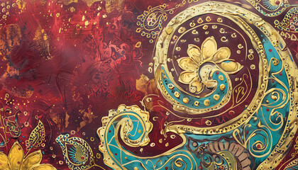 A gold and blue paisley design with red background