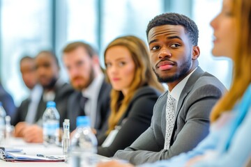 Group people sitting long table conference room They Diverse business professionals communicating