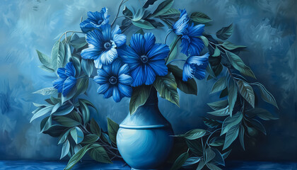 Wall Mural - A painting of blue flowers and leaves with a blue vase in the middle