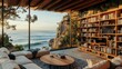 © Panuwat - Luxurious living room beautiful view ocean has high bookshelf background home