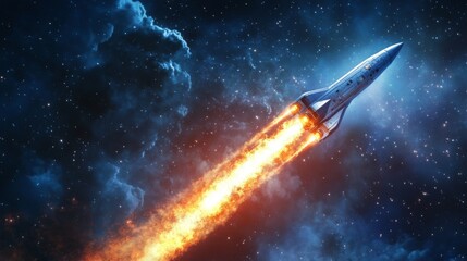 Aufkleber - A bright rocket ascends rapidly into the night sky, emitting a powerful plume of orange flames. Stars and cosmic clouds create a stunning backdrop, highlighting the awe of space exploration.
