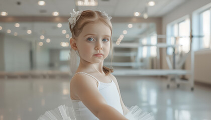 Canvas Print - A young girl in a white dress is posing for a picture in a dance studio