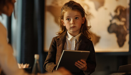 Wall Mural - A young girl is sitting at a desk with a laptop in front of her