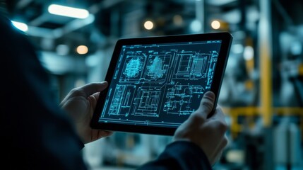 Person holding tablet their hands screen displays blueprint An engineer examines