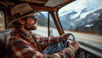 Wall Mural - A man with glasses is driving a car and looking out the window