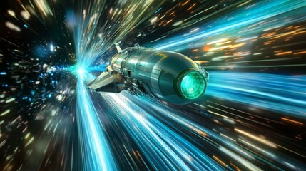 Fototapete - A sleek, advanced spaceship propels forward through a colorful wormhole, leaving streaks of light in its wake. The surrounding darkness of deep space contrasts with the bright hues of blue and gold.