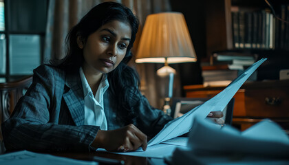 Canvas Print - A woman is sitting at a desk with a stack of papers in front of her