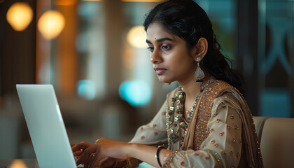 Canvas Print - A woman is sitting at a table with a laptop in front of her