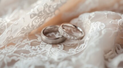 Wall Mural - A pair of matching wedding rings placed on a white lace cloth with soft lighting.