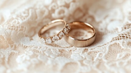 Wall Mural - A pair of matching wedding rings placed on a white lace cloth with soft lighting.