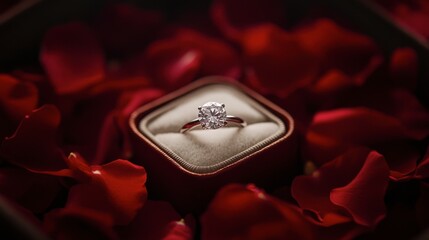 A ring box surrounded by rose petals, with a focus on the sparkling diamond inside.