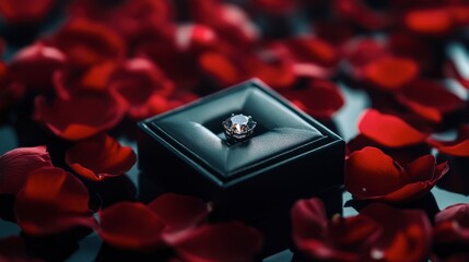 Wall Mural - A ring box surrounded by rose petals, with a focus on the sparkling diamond inside.