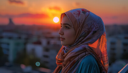 Canvas Print - A woman wearing a scarf is looking at the sun