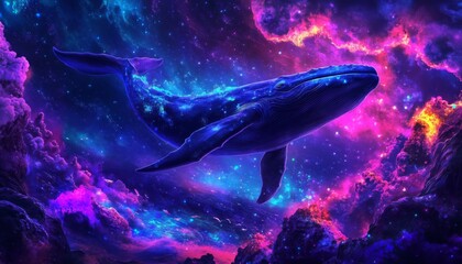 Underwater scene blue whale center facing towards right Vibrant Cosmic Whales