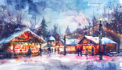 Sticker - A painting of a snowy town square with people walking around