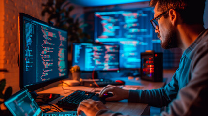A focused programmer works late at night, surrounded by multiple screens displaying lines of code in dimly lit room. atmosphere is intense and tech driven, highlighting dedication to coding