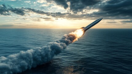 Fototapete - A rocket is launched from the sea, leaving a trail of smoke as it ascends into the clouds. The sky is a mix of blue and orange, suggesting a beautiful sunset.