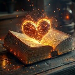 Wall Mural - A fiery heart shape rises from an open book, symbolizing passion for knowledge.