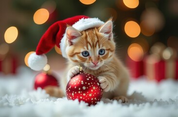 Cute little kitten in Santa hat in snow over snowy Christmas tree festive blurred golden bokeh lights. 