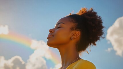 Happy young black woman breathing fresh air outdoors in nature. African american female meditating outside practicing wellness meditating deep breathing. Blue sky and rainbow. Inclusive pride