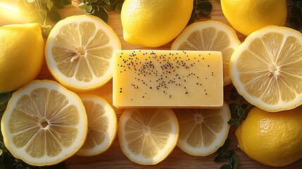 A smooth lemon and poppy seed soap bar, surrounded by fresh lemon slices and a sprinkle of poppy seeds, vibrant yellow tones with soft sunlight filtering in, background of natural wood and greenery,