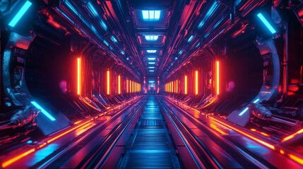 Leinwandbilder - A striking corridor features bright neon lights in blue and red, creating a high-tech ambiance