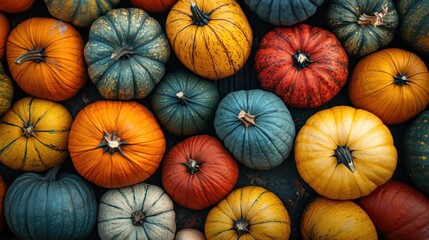 A Collection of Vibrant Pumpkins with Various Colors and Textures