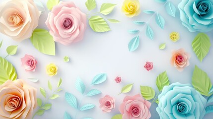 Wall Mural - Floral composition with colorful paper flowers and leaves on a soft pastel background, featuring pink, blue, and yellow hues in a creative arrangement of blossoms and foliage