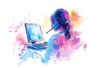 A colorful watercolor illustration of a person using a computer with headphones, symbolizing online communication and creativity.