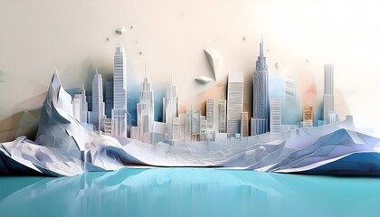 Concepts about environmental impact A melting glacier with a business city skyline in the background in layers of pastel paper.