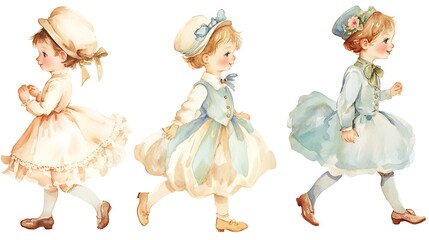 Canvas Print - Watercolor Illustration of Three Adorable Girls in Dresses and Hats.