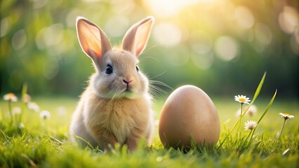 Extreme close-up of a mockup Easter egg and chubby cute bunny on a green meadow