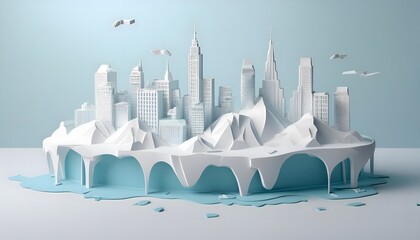 Concepts about environmental impact A melting glacier with a business city skyline in the background in layers of pastel paper.