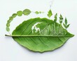 © SHOTPRIME STUDIO - Environmental concept of sustainability and urban development designed with green leaves and cityscape elements on a white background, showcasing nature versus industry