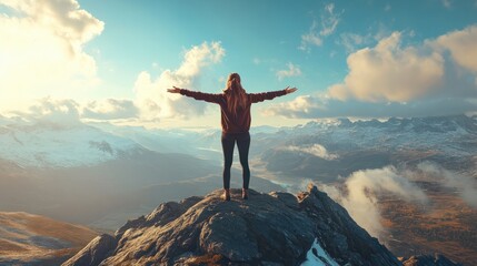 A woman feeling openness on a mountain peak with her arms outstretched.