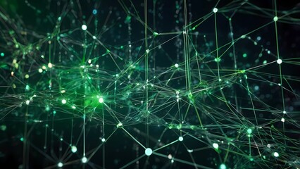 Wall Mural - a dynamic neon green network with bokeh lights represents digital transformation and cloud computing