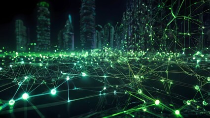 Wall Mural - abstract neon green network with bokeh effects highlights digital transformation and data transfer. 