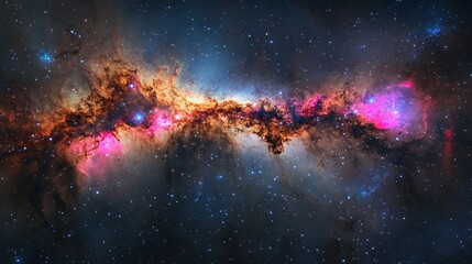 A vibrant cosmic landscape with swirling clouds of gas and dust illuminated by the light of distant stars, creating a breathtaking display of color and texture in the vast expanse of space.