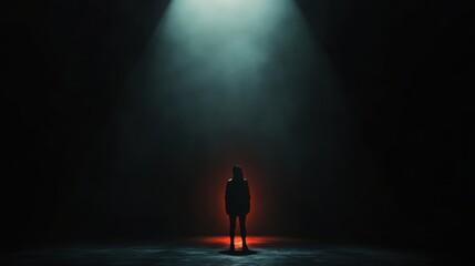 Aufkleber - In a dark room, a solitary figure is highlighted by a single spotlight, creating an atmosphere of fear and suspense. Generative AI