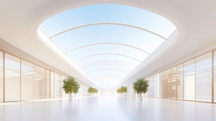 A large, empty shopping mall with a clear ceiling and white walls