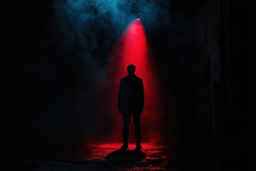 Aufkleber - In a dimly lit space, a lone figure is cast in shadow, highlighted by a vibrant red light, evoking fear and mystery. Generative AI