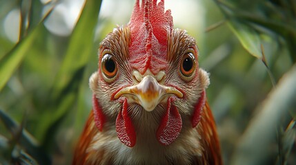 A curious rooster peering through lush green foliage with a funny expression on its face.