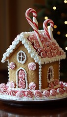 Poster - A gingerbread house decorated with candy canes and peppermint candies, sitting on a white plate.