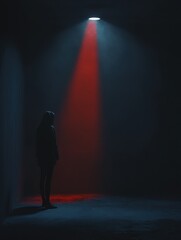 Fototapete - In a dimly lit room, a lone figure is cast in dramatic light, evoking feelings of fear and suspense amidst deep shadows and intense colors. Generative AI