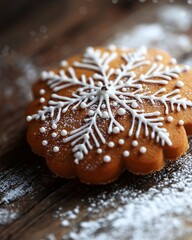 Sticker - A gingerbread snowflake cookie with white icing and powdered sugar on a wooden table.